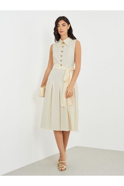 Styli Plain Sleeveless Pleated A-Line Midi Dress with Tie Waist