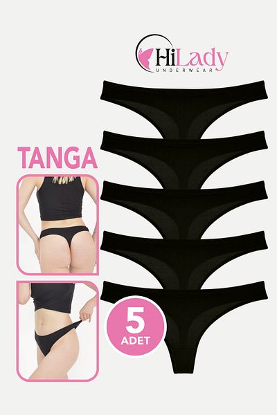 Hilady Women's Black String Thong 5 Pack, Cotton Black Soft Cotton Thong