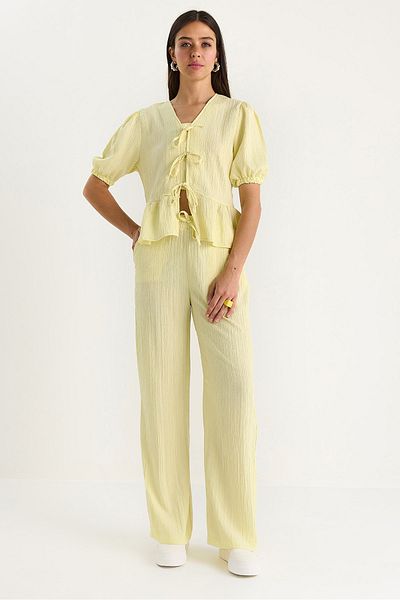 Bianco Lucci Women's Tie Detail Blouse Pants with Elastic Sleeves Wrinkle Suit 8015 60283448