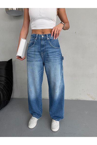 XBELLA DENİM Women's High Waist Ballon Fit Stitching Detailed Axe Pocket Jeans