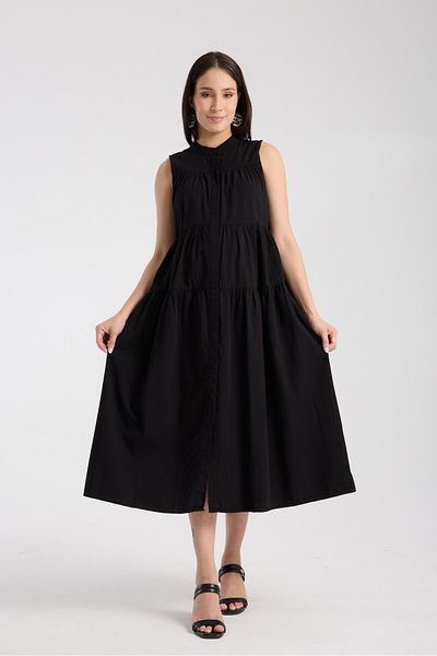 Işşıl Işşil 1638-Washed Cotton Judge Collar Maternity Midi Length Gilet Dress