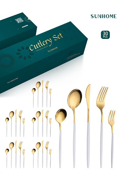 sharpdo SUNHOME 30-Piece Stainless Steel Cutlery Set White/Gold