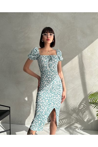 EYLANA Summer Flower Pattern Watermelon Sleeve Slit Detail Dress