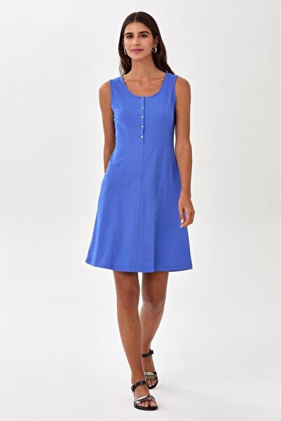 İKİLER Önü Çıtçıtlı Kare Yaka Kolsuz Elbise 025-2517