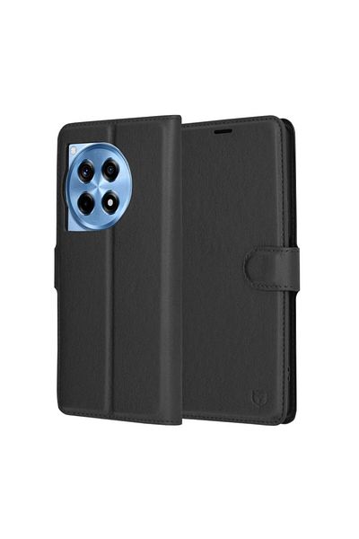 SKYDDAR INNOVATION Husă pentru OnePlus 12R, piele tip folio, portofel interior, finisaje premium, set de stickere, neagră