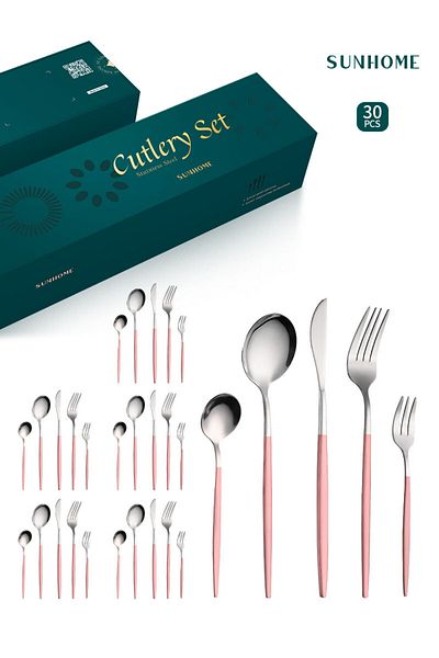 sharpdo SUNHOME 30-Piece Stainless Steel Cutlery Set Pink/Silver