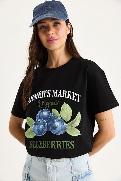 Bianco Lucci Women's Blueberries Printed Crew Neck 100% Cotton T-Shirt 6702 60283451