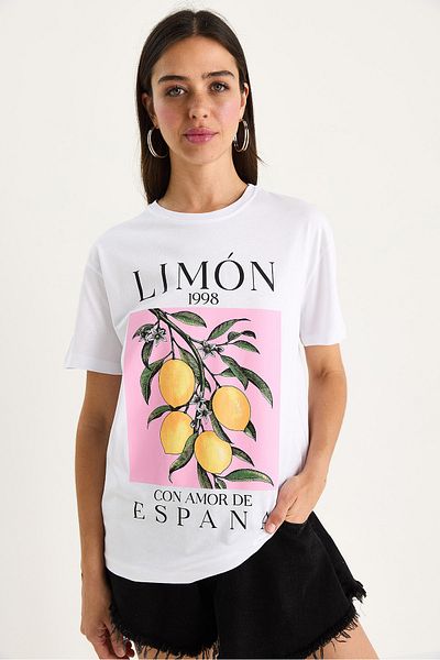 Bianco Lucci Γυναικείο μπλουζάκι με λεμόνι με λαιμόκοψη 100% βαμβακερό 6701 60283452