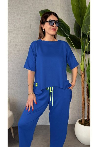 JANES طقم بلوزة وبنطلون نسائي بأكمام قصيرة وياقة دائرية من الفسكوز مكون من خيطين