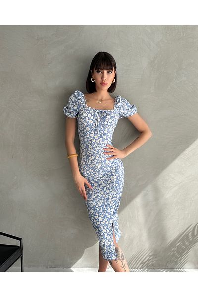 EYLANA Summer Flower Pattern Watermelon Sleeve Slit Detail Dress