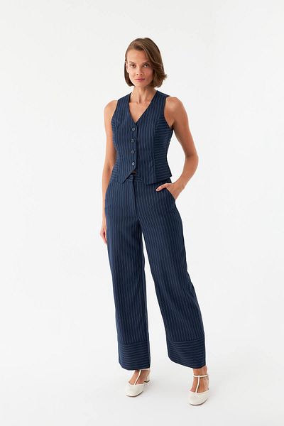 STELLA PULVIS Navy Blue Elastic Waist Striped High Waist Trousers