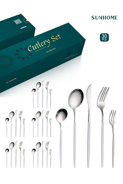 sharpdo SUNHOME 30-Piece Stainless Steel Cutlery Set White/Silver