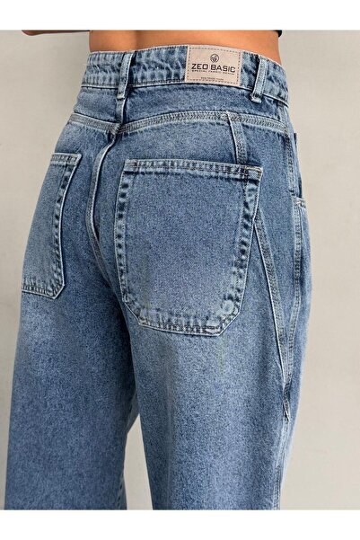 XBELLA DENİM Kadın Yüksek Bel Ballon Fit Dikiş Detaylı Balta Mavi Cepli Kot Pantolon