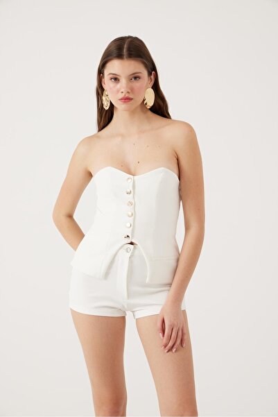 HOLLY LOLLY Button Strapless Cut Harvey Blouse White