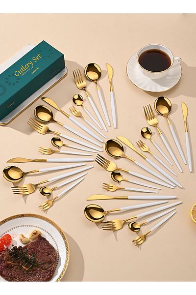 sharpdo SUNHOME 30-Piece Stainless Steel Cutlery Set White/Gold