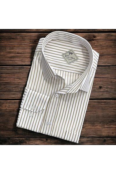 GÖMLEK GALERİSİ Men's Classic Wide Relaxed Fit Pocket Striped Long Sleeve Cotton Shirt