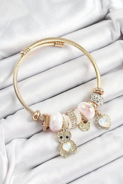 Clariss 316L Steel White Zircon Stone Teddy Bear and Heart Model Gold Color Charm Bracelet
