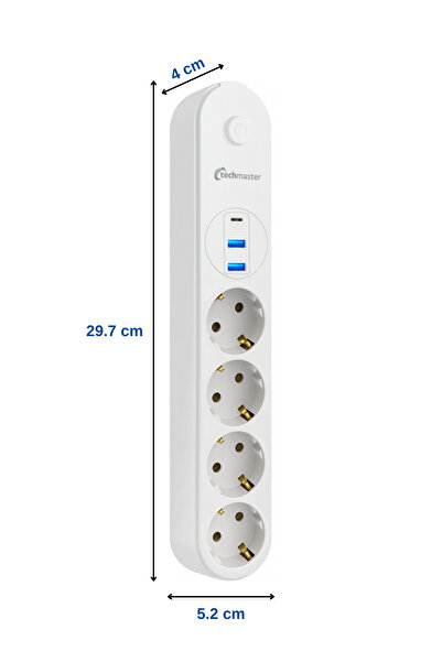 Techmaster 2 Usb+Type-C Akım ve Çocuk Korumalı 4lü Priz 2mt Beyaz