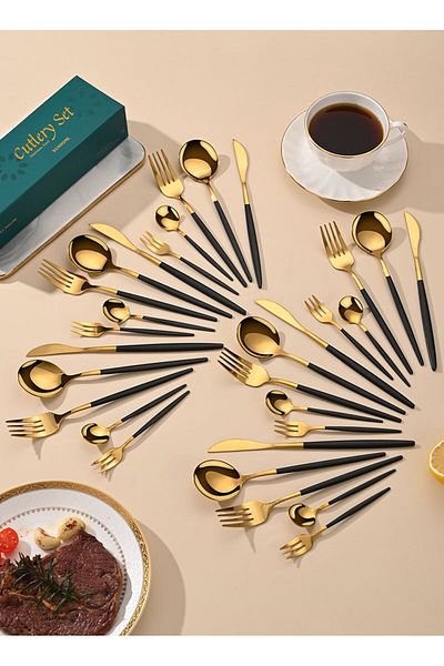 sharpdo SUNHOME 30-Piece Stainless Steel Cutlery Set Black/Gold