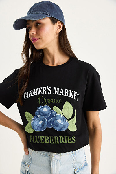Bianco Lucci Women's Blueberries Printed Crew Neck 100% Cotton T-Shirt 6702 60283451