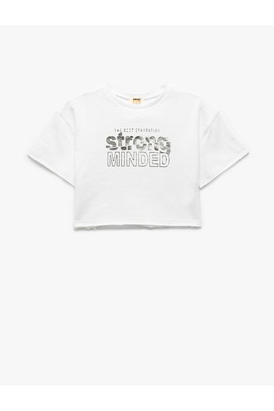 Koton New Season Slogan Printed Crew Neck Short Sleeve Cotton Crop T-Shirt