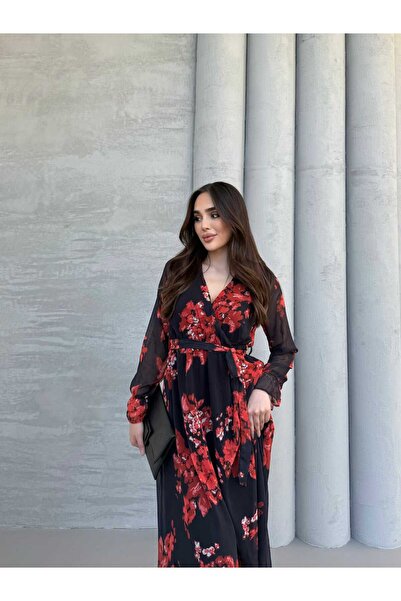 MitraMina Φόρεμα από σιφόν με μοτίβο τριαντάφυλλου διπλό πέτο με επένδυση γιακά