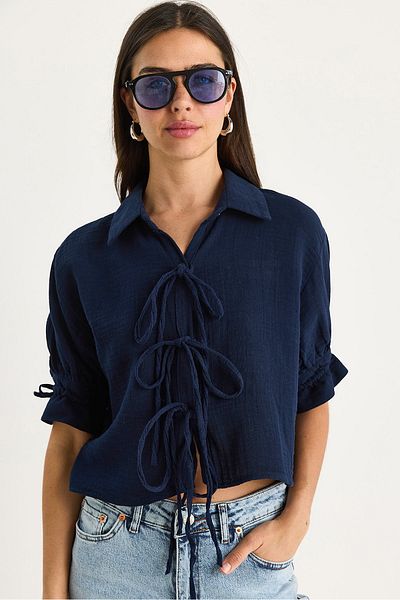Bianco Lucci Women's Tie Detailed Sleeves Gathered Muslin Crop Shirt 2111 60283446