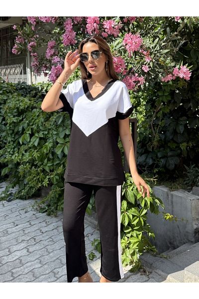 TUA MODA Tua Fashion Women's Short Sleeve V Neck Black White Color Viscose Two Thread Fabric Tracksuit Set