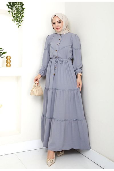 HARMAN BUTİK Women's Lace Detailed Waist Lace-Up Gray Ayrobin Dress
