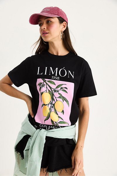 Bianco Lucci Women's Lemon Printed Crew Neck 100% Cotton T-Shirt 6701 60283452