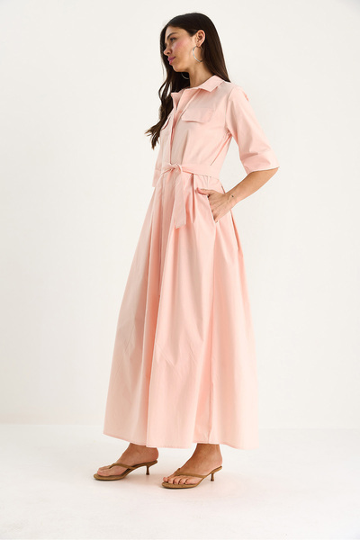 Bianco Lucci Women's Pleated Skirt Pocket Detailed Belted Poplin Midi Dress 8441 60283445