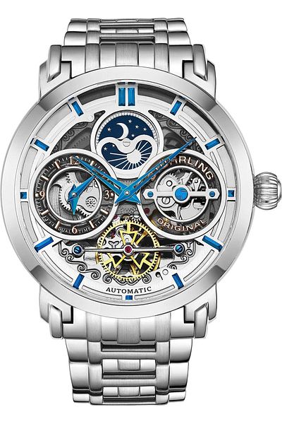 Stührling Original Men's Watch Stainless Steel Automatic Silver Skeleton Dial