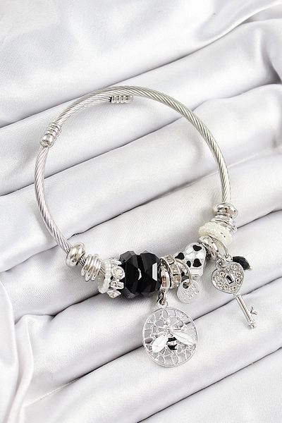Clariss 316L Steel Black Zircon Stone Owl Bee and Key Model Silver Color Charm Bracelet