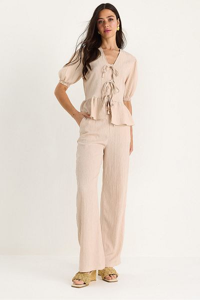 Bianco Lucci Women's Tie Detail Blouse Pants with Elastic Sleeves Wrinkle Suit 8015 60283448