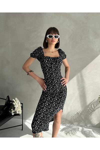 EYLANA Summer Flower Pattern Watermelon Sleeve Slit Detail Dress