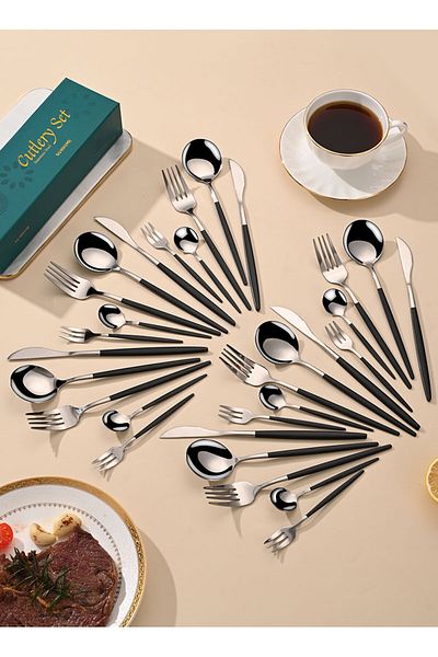 sharpdo SUNHOME 30-Piece Stainless Steel Cutlery Set Black/Silver