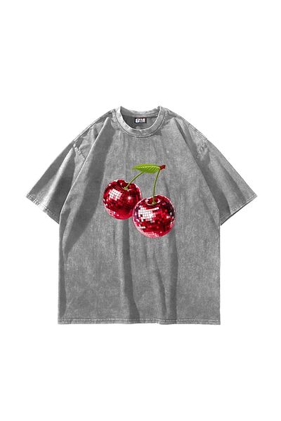 Sekizbiraltı Disco Cherry Printed Oversize Unisex Πλενόμενο Λευκό Tshirt