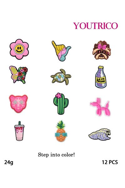 Youtrico 12-Piece Colorful Cartoon PVC Jibbitz Charms for DIY Slipper Ornament