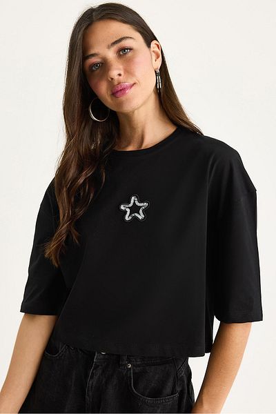 Bianco Lucci Women's Star Embroidery Crew Neck 100% Cotton Crop T-Shirt 6703 60283449