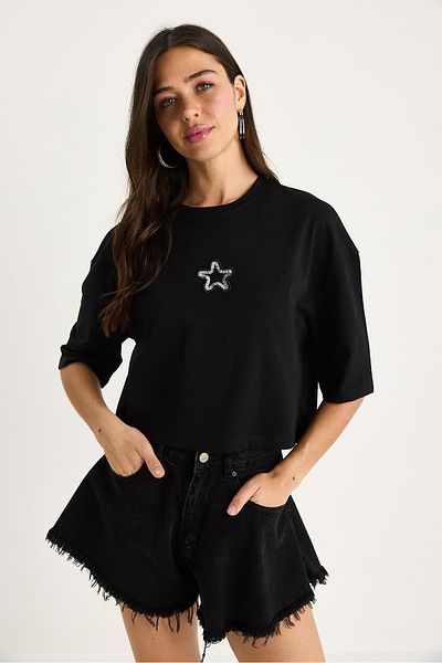 Bianco Lucci Women's Star Embroidery Crew Neck 100% Cotton Crop T-Shirt 6703 60283449