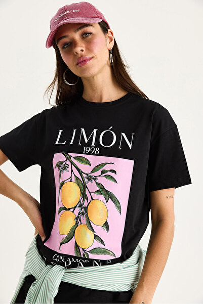 Bianco Lucci Women's Lemon Printed Crew Neck 100% Cotton T-Shirt 6701 60283452