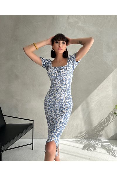 EYLANA Summer Flower Pattern Watermelon Sleeve Slit Detail Dress