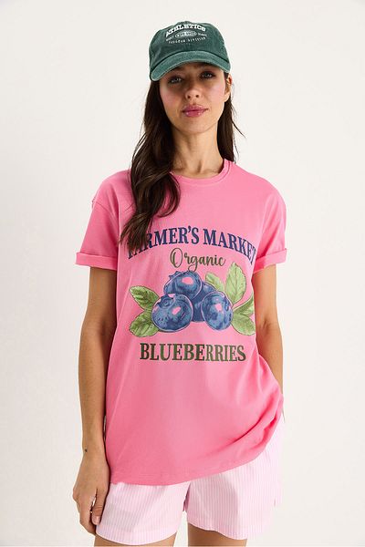 Bianco Lucci Women's Blueberries Printed Crew Neck 100% Cotton T-Shirt 6702 60283451