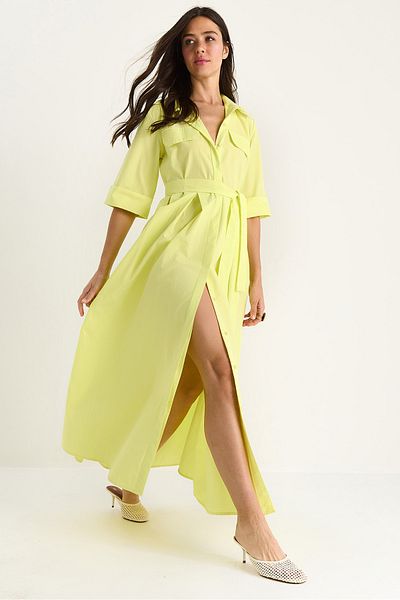 Bianco Lucci Women's Pleated Skirt Pocket Detailed Belted Poplin Midi Dress 8441 60283445