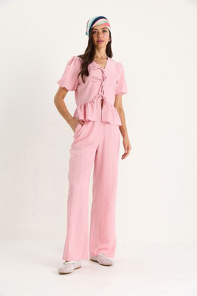 Bianco Lucci Women's Tie Detail Blouse Pants with Elastic Sleeves Wrinkle Suit 8015 60283448