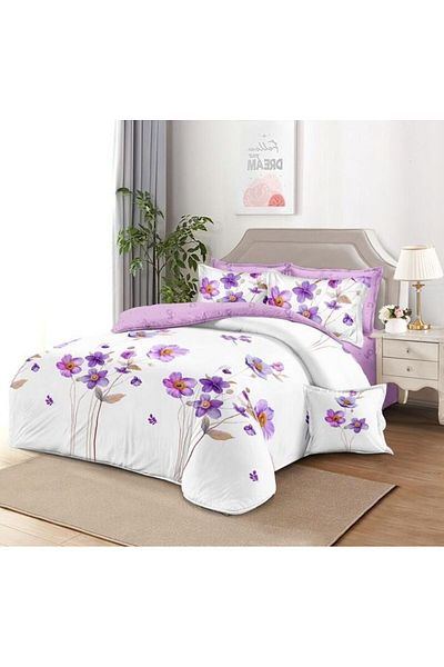 trendyhome Bed Linen, Fine Cotton, 6 Pieces, Poppies, White/Purple, HR24212