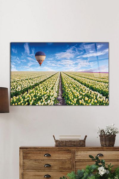 Rosyvien Peisaj de balon zburător în grădina de lalele, pictură pe sticlă orizontală, decor de perete pentru casă și birou, cadou de lux
