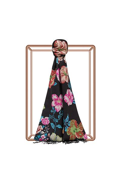 ipekevi Black Petunia Patterned Silk Shawl