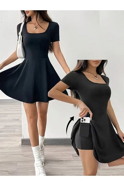 Viyamo New Season Women's Short Sleeve Square Neck Shorts Detailed Pocket Diving Dress