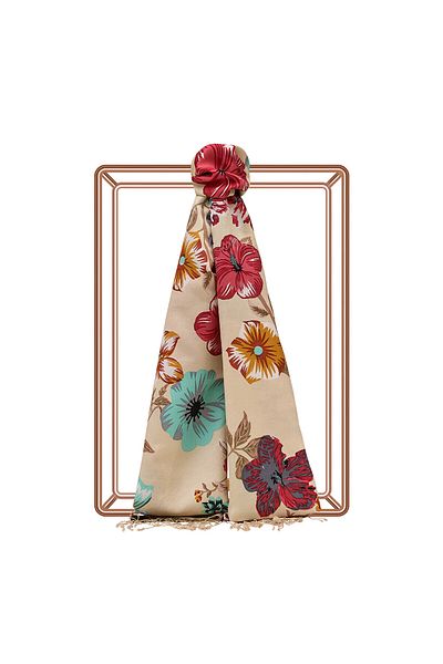 ipekevi Cream Petunia Patterned Silk Shawl
